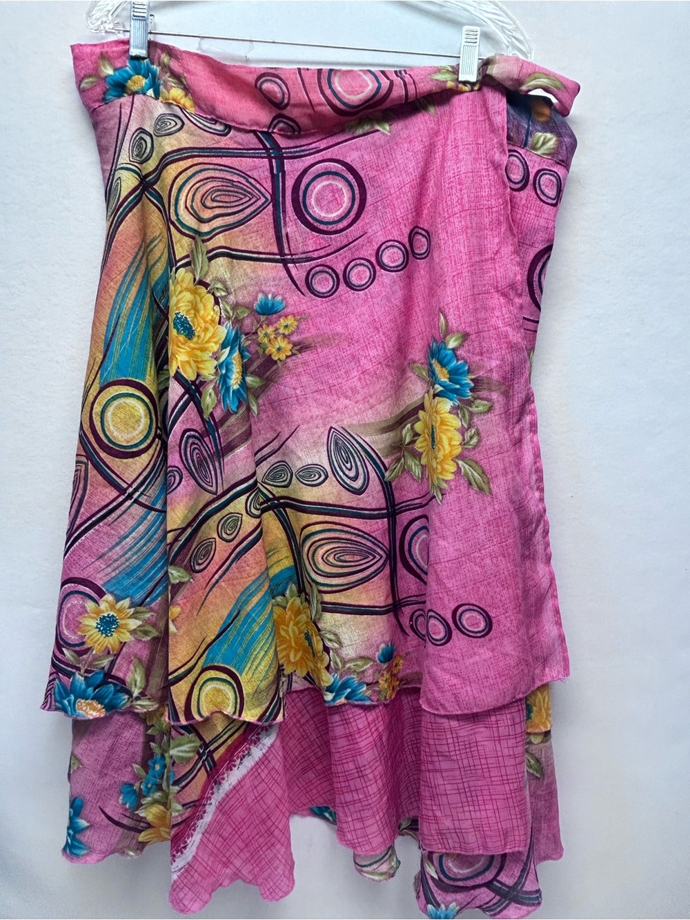 Pink Floral Abstract Print silk blend med Wrap Skirt